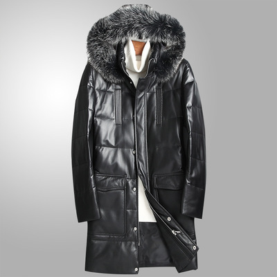 男高档真皮羽绒服长款头层绵羊皮可脱卸帽狐狸毛领青年时尚冬大衣