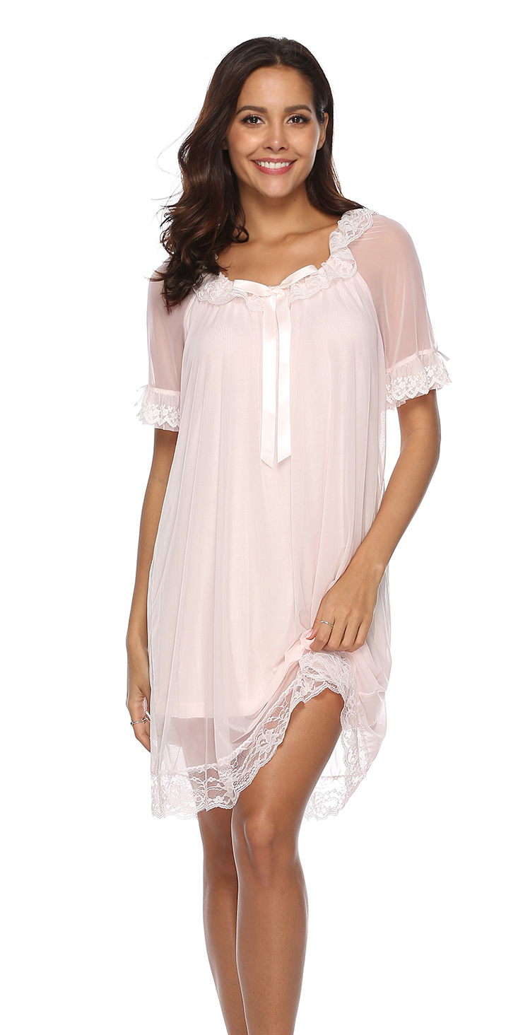 可爱性感短袖花边公主睡裙网纱欧美柔软睡衣女大码宽松家居服