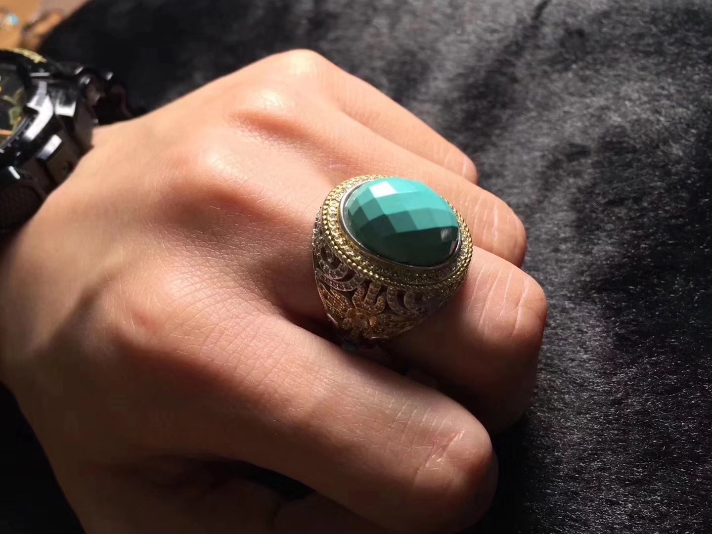 无优化绿松石男士戒指 精品高瓷蓝绿松石厂家批发如心珠宝