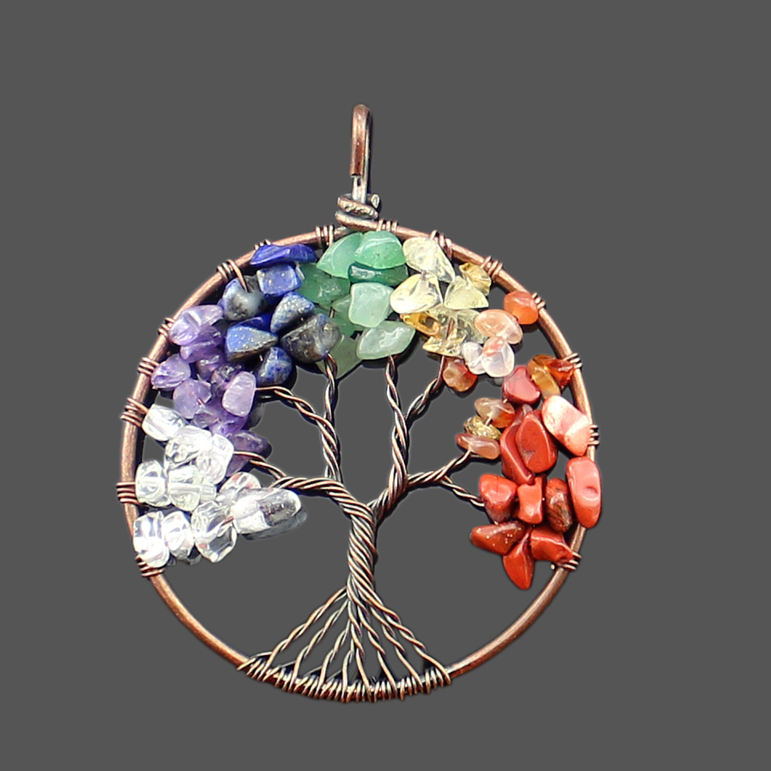 欧美创意天然水晶碎石手工绕线分叉古铜复古风饰品手工生命树吊坠