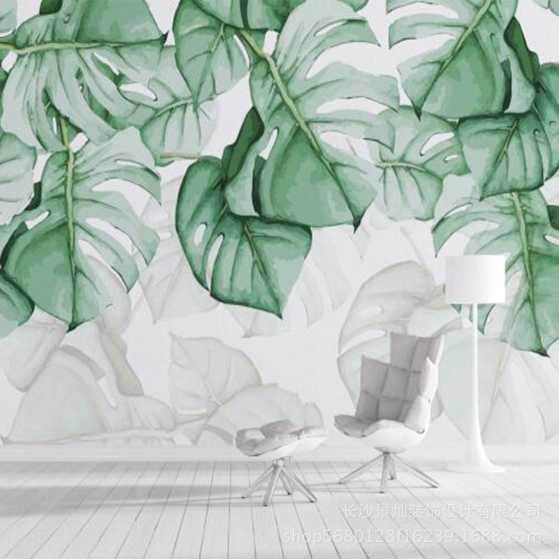 定制简约小清新绿植叶子3d墙纸北欧ins风客厅壁纸电视背景墙壁画