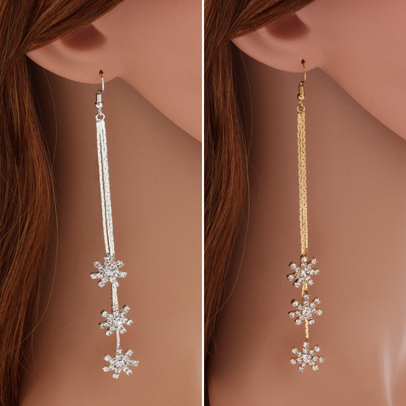 韩国夸张满钻雪花长流苏耳环耳坠 超长款水钻细长耳线批发配饰女