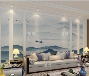 中式水墨山水墙纸手绘抽象意境个性壁画书房客厅电视背景墙壁纸