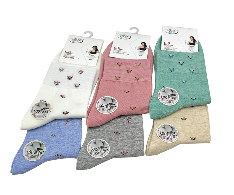 袜子浪莎全棉宽口女袜吸汗透气中筒袜素色女生防臭袜独立包装批发