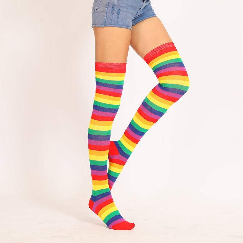 Red Colorful Socks Rainbow Stripes Knee High over-the-Knee Socks European and American plus Long