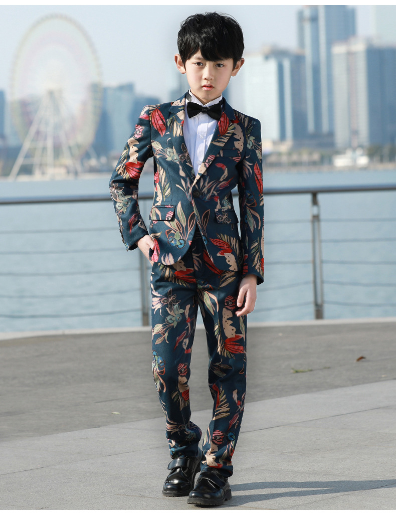 印花男童西装套装韩版花童礼服男走秀表演儿童礼服中大童小西装