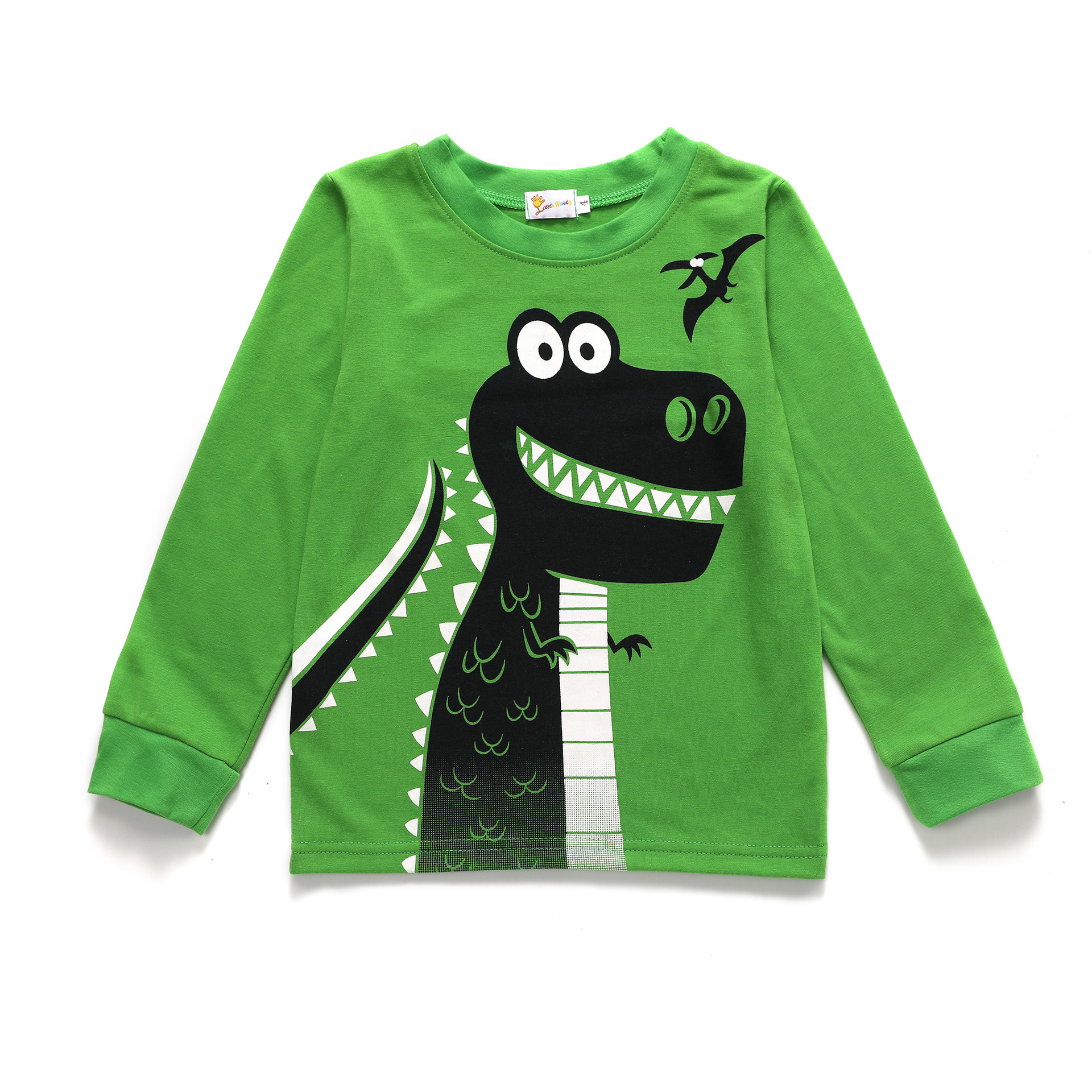 2018新款秋季外贸童装 绿色恐龙印花长袖套装棉两件套 厂家直销