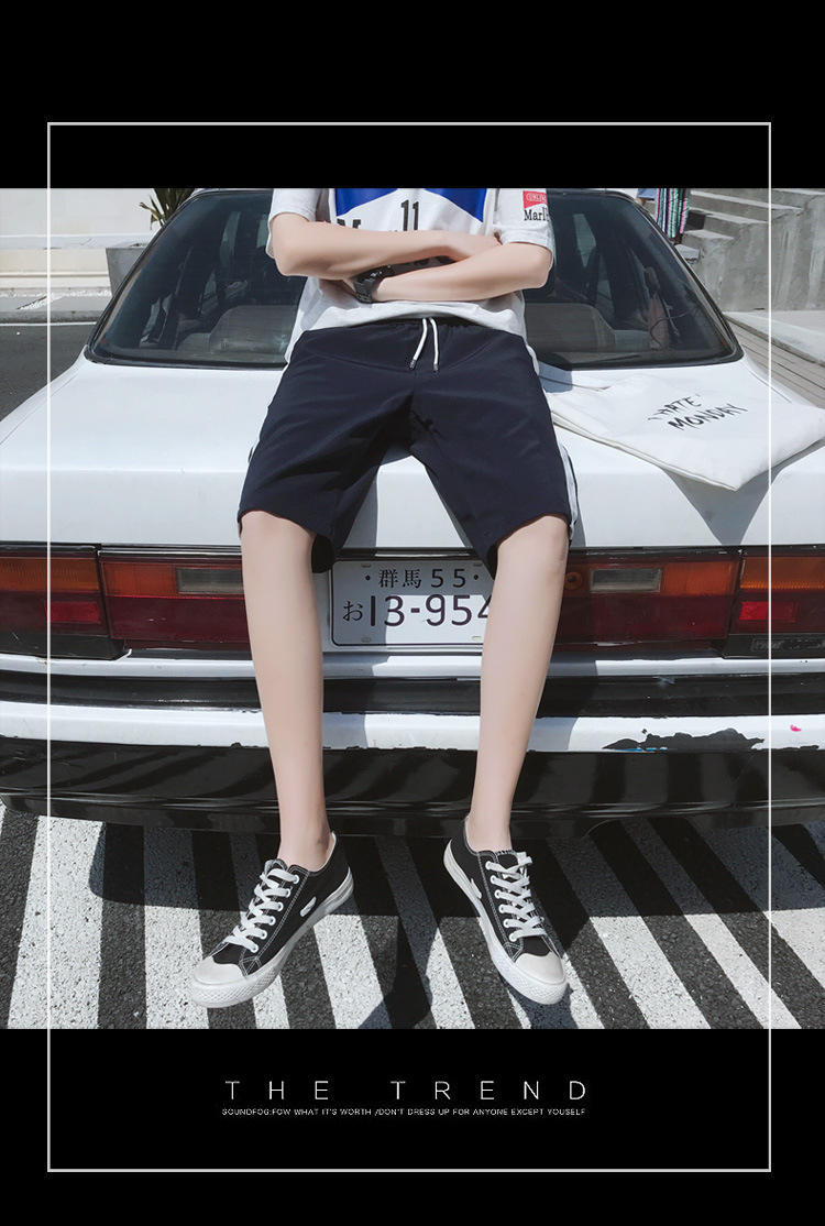 2018夏季男侧边条纹休闲裤短裤修身纯色松紧腰韩版潮流运动中裤