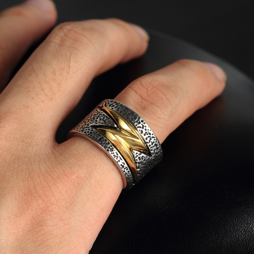 欧美复古男士不锈钢金色闪电戒指 钛钢饰品批发 跨境ebay厂家直销