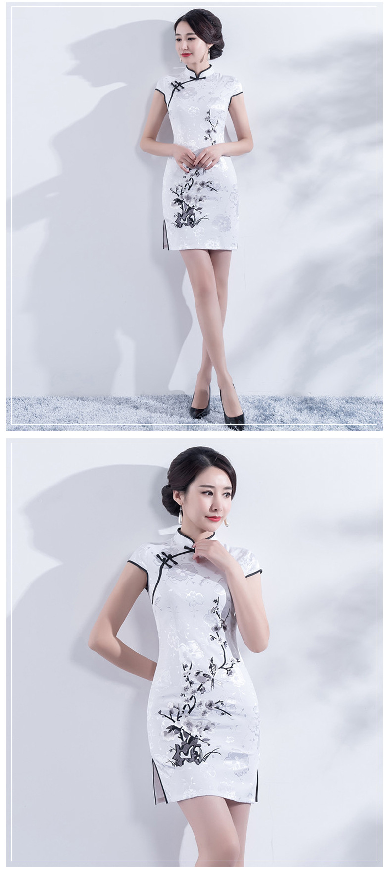 厂家供应春夏新款白底绣花旗袍连衣裙 日常走秀宴会修身旗袍批发