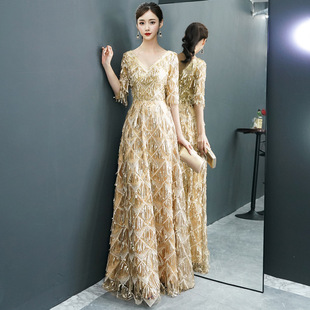 晚礼服女2019新款宴会高贵名媛聚会金色长款亮片主持人年会连衣裙