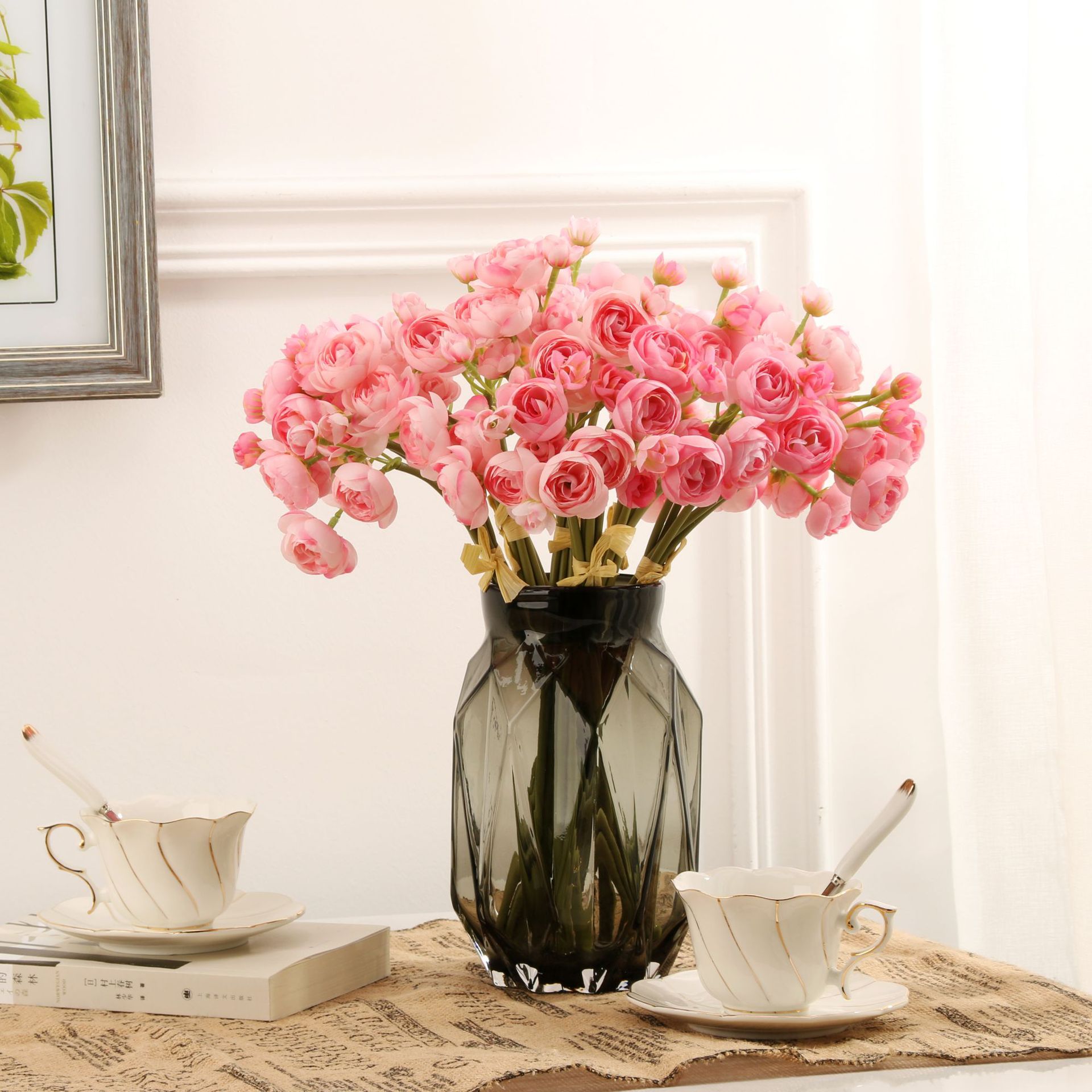 6头扎束小茶花仿真花假花人造花玫瑰花婚庆装饰居家装潢厂家批发