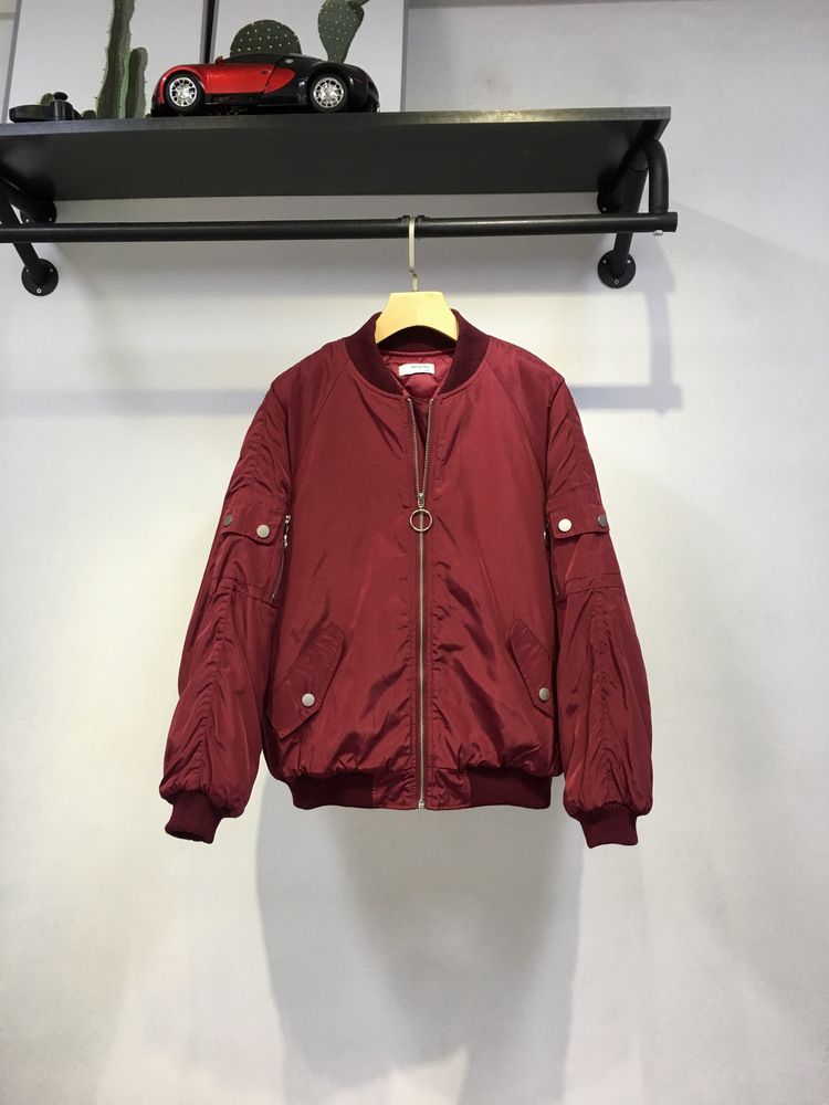 加厚酒红色棒球服外套!韩版夹克衫外贸原单尾货外套女装