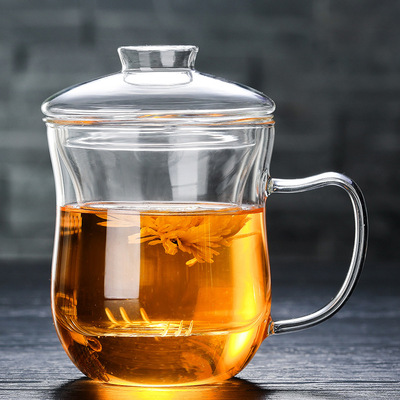 加厚玻璃泡茶杯三件式花茶杯带盖过滤内胆办公室水杯茶杯透明家用