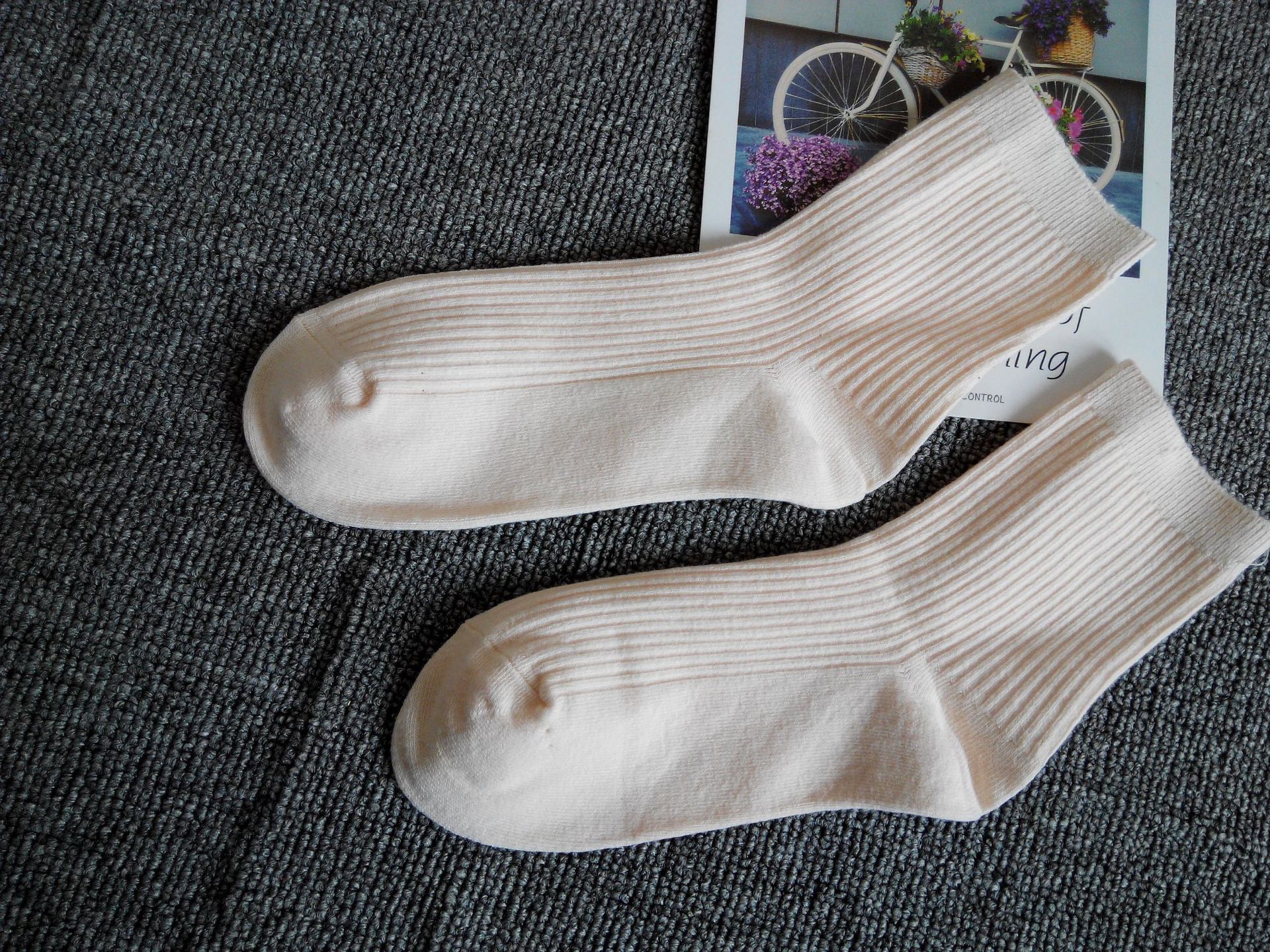 秋冬新款女士双针纯棉袜子白色保暖中筒棉袜运动袜一件代发