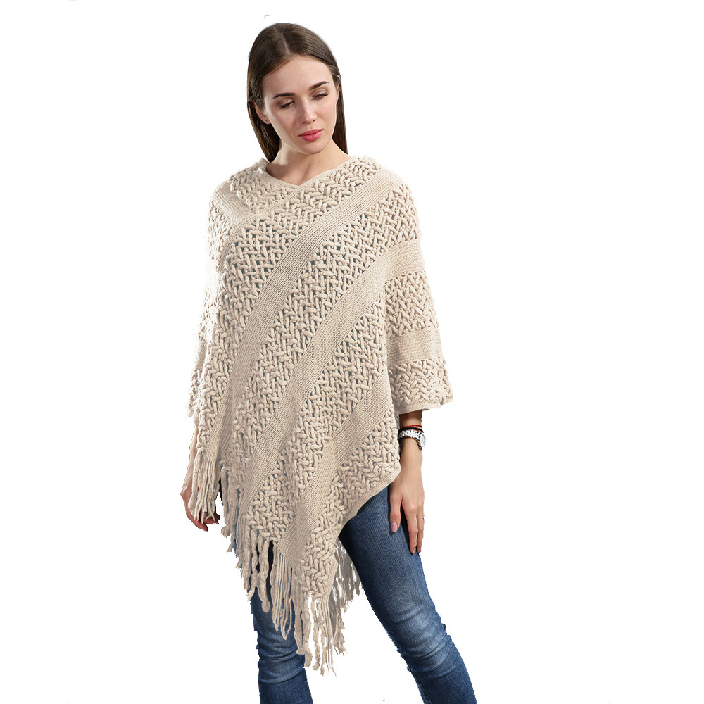 欧美大码女装秋冬保暖针织镂空花纹拼接套头披肩纯色外贸批发代发