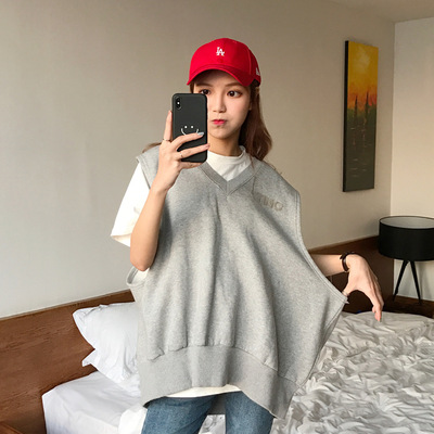 一件代发春季韩版百搭纯色套头无袖卫衣女宽松v领马甲外搭背心女