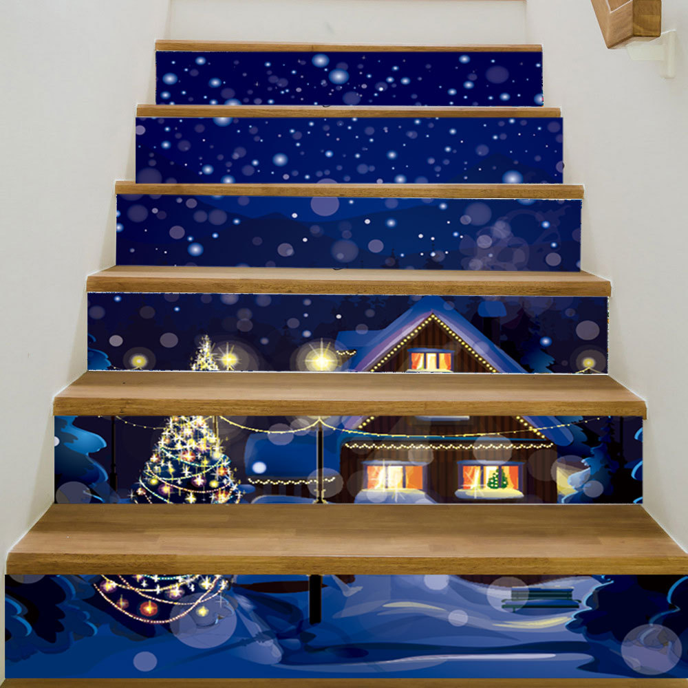 slt025外贸新款圣诞小屋雪景楼梯贴纸 3d装饰台阶贴 地贴自粘墙贴