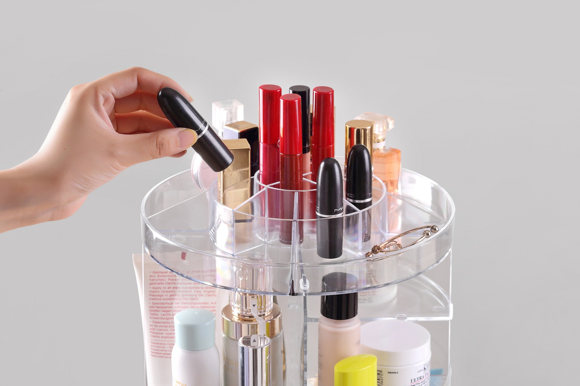 抖音同款360度旋转化妆盒 透明口红收纳架 多功能桌面收纳