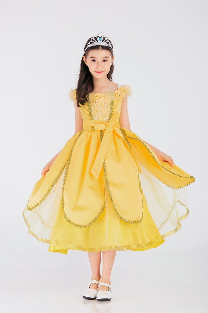 实拍新款童装黄公主礼服裙 欧美动漫人物coplay演出服 连衣裙女童