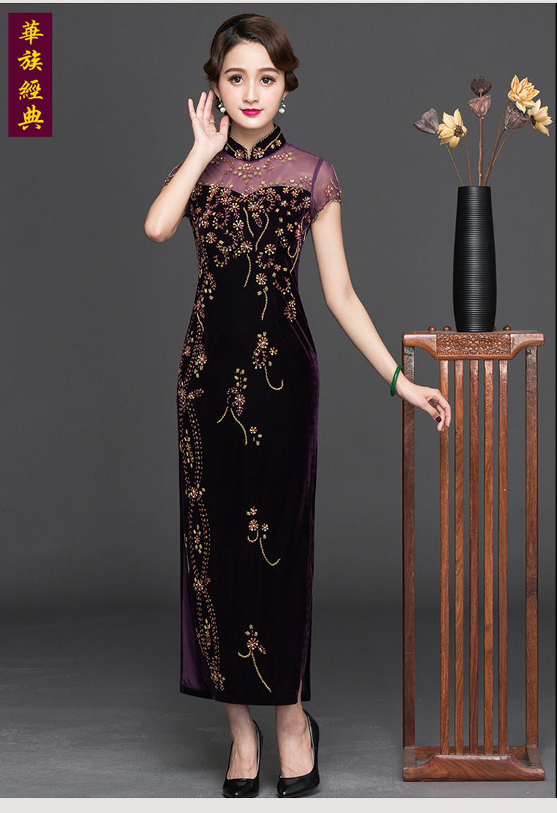 华族经典长款金丝绒旗袍 手工钉珠改良优雅旗袍连衣裙女一件代发
