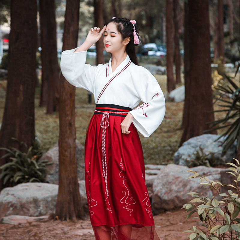 改良汉服红色长款丝质仙女交领襦裙清新气质纱裙刺绣运动会入场服