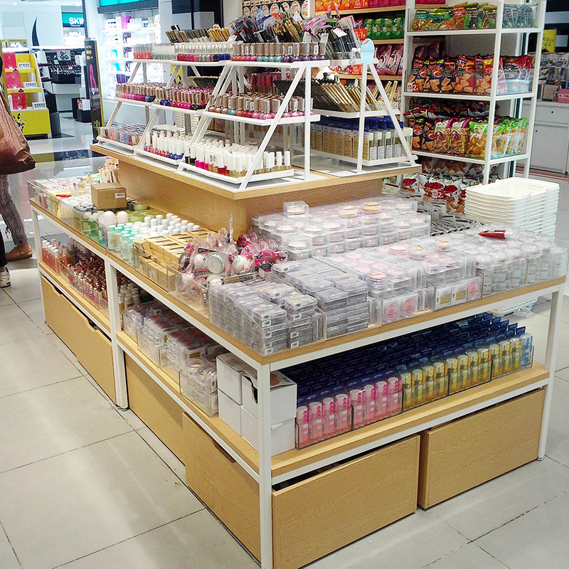 木质桌组合小超市四面货架多层透明格子精品货架展示架