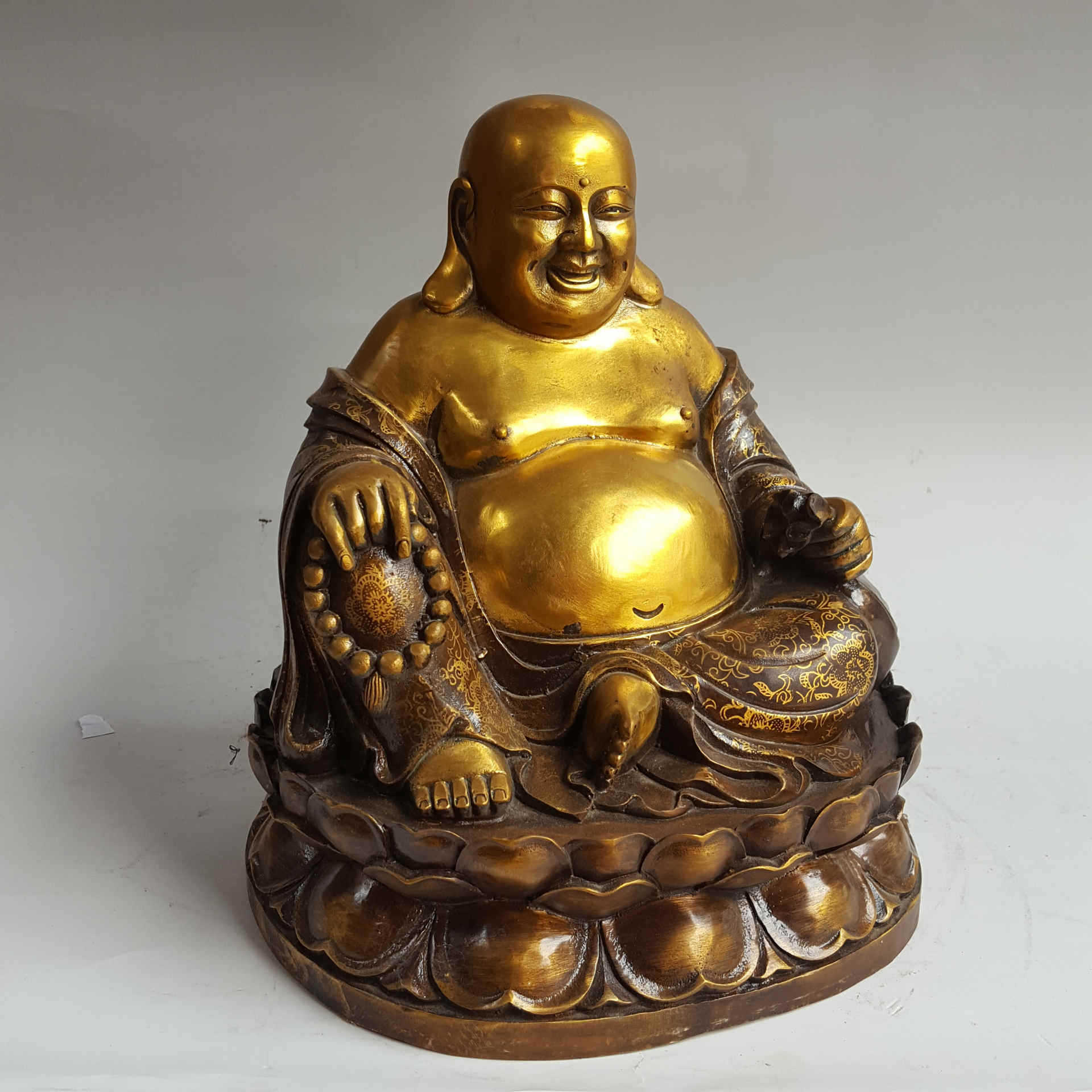 开光纯铜大号如意弥勒佛铜像铜黄金袋弥勒佛大肚佛笑佛像铜器摆件