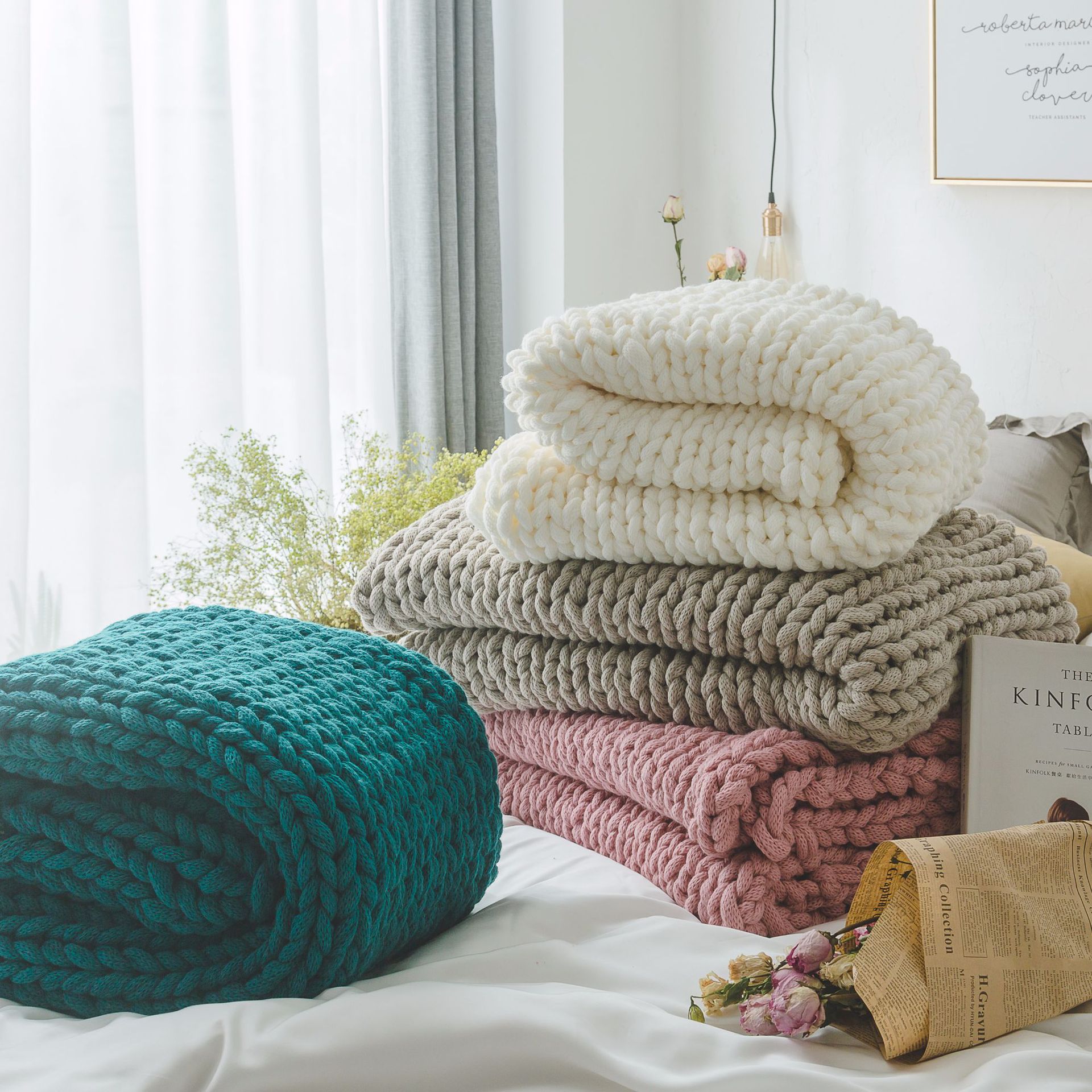 索菲亚 ins款粗线毯子手工编织针织毛线沙发巾盖毯摄影