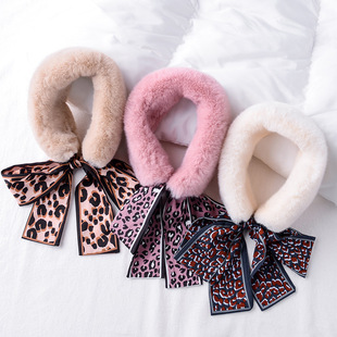 围巾女秋冬围领毛绒领巾飘带东大门兔毛领韩版豹纹毛领蝴蝶结围脖