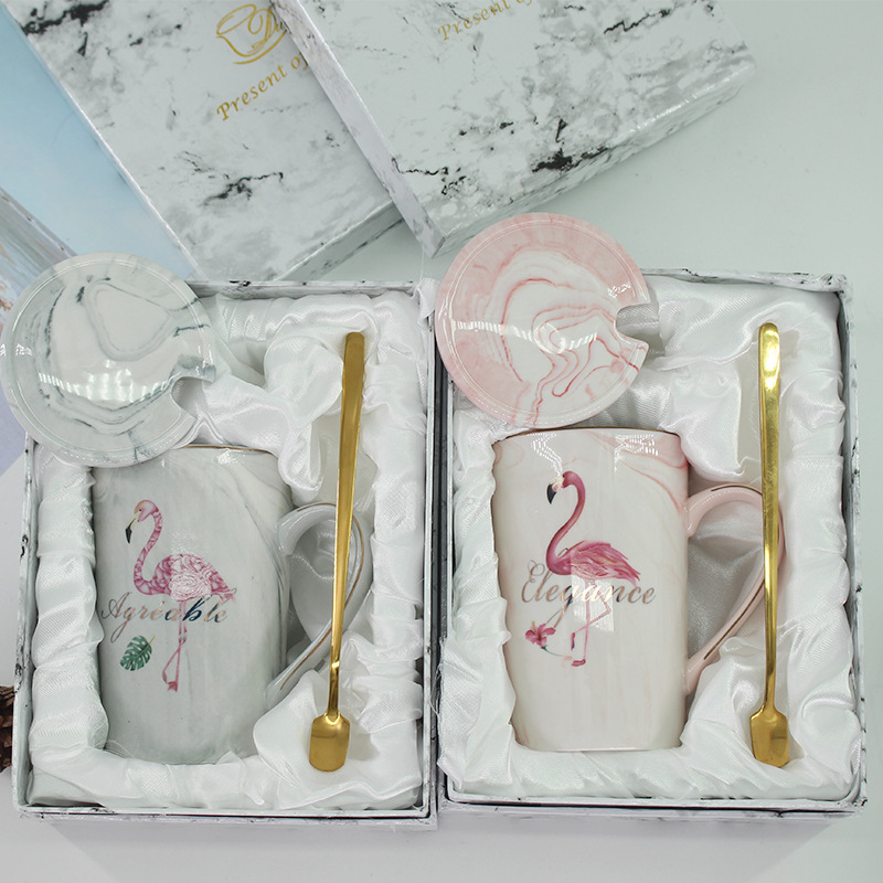 Gift Box Ins Internet Hot Girlish Creative Marble Pattern Breakfast Cup Ceramic Mug with Cover with Spoon Water Cup