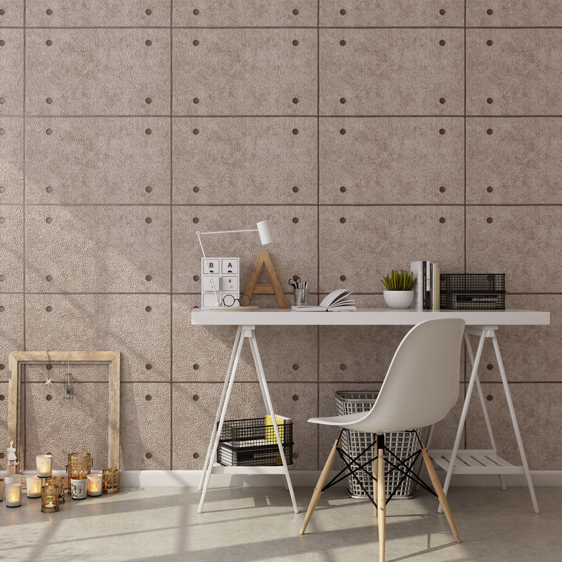 复古工业风灰色铆钉格子鹿皮绒电视背景墙壁纸