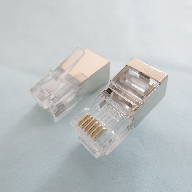 新款6芯屏蔽水晶头6p6c包铜壳通孔adsl固话电话线水晶头rj11批发-阿里