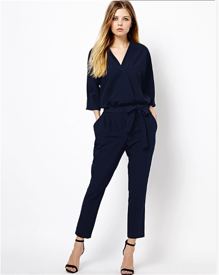 2018夏季新款欧美插袋中袖连体复古薄款v领修身女连体裤