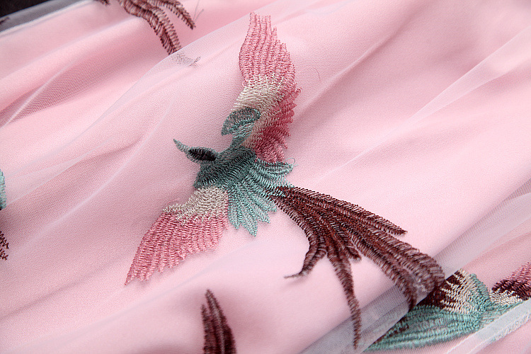 2018春季女装新款重工飞鸟刺绣修身中长款大摆网纱连衣裙t8383