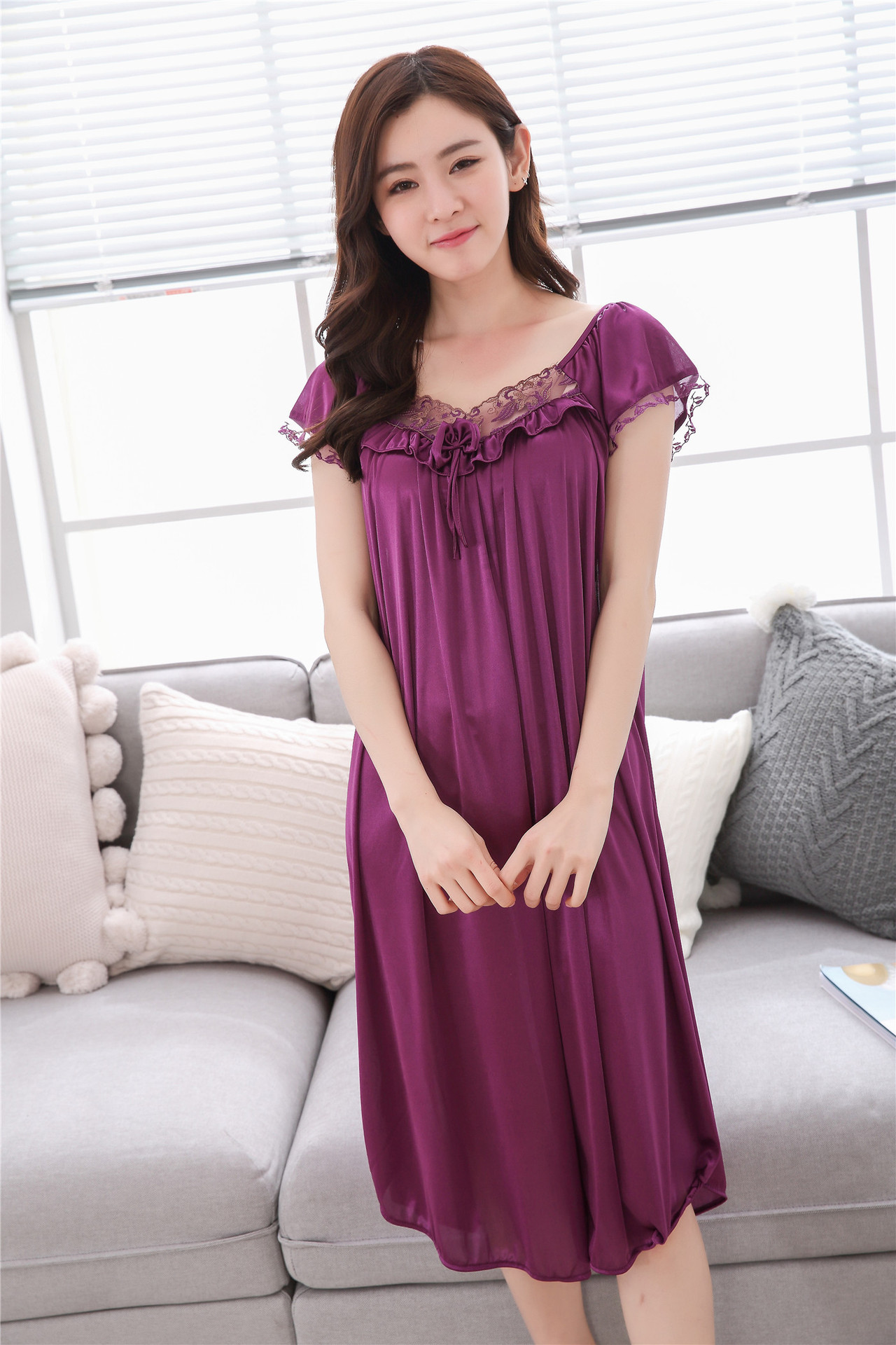 纯色性感冰丝睡裙夏季短袖女士大码胖mm冰丝中长款睡裙
