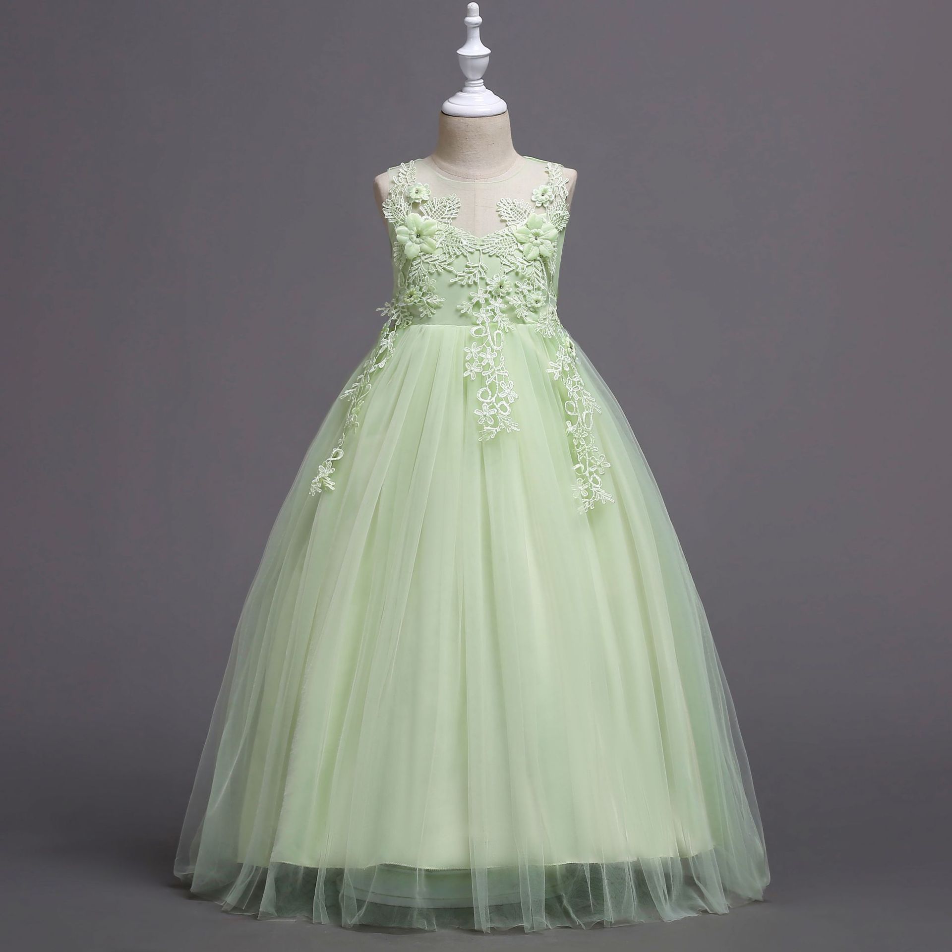 中大童绣花无袖长款拖地儿童公主礼服裙女童演出婚纱礼服跨境