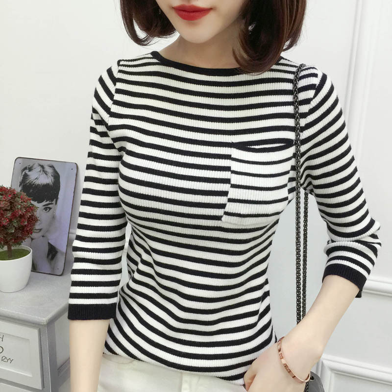 2018春季新款黑白条纹修身弹力包芯纱中袖圆领休闲打底针织衫批发