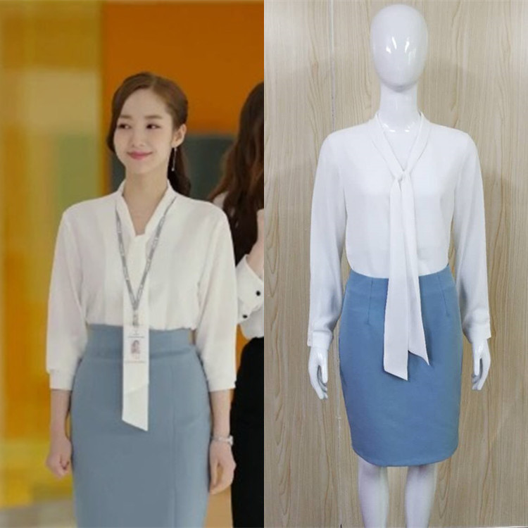 2018夏季新款金秘书朴敏英明星同款飘带修身衬衫包臀a字裙套装女