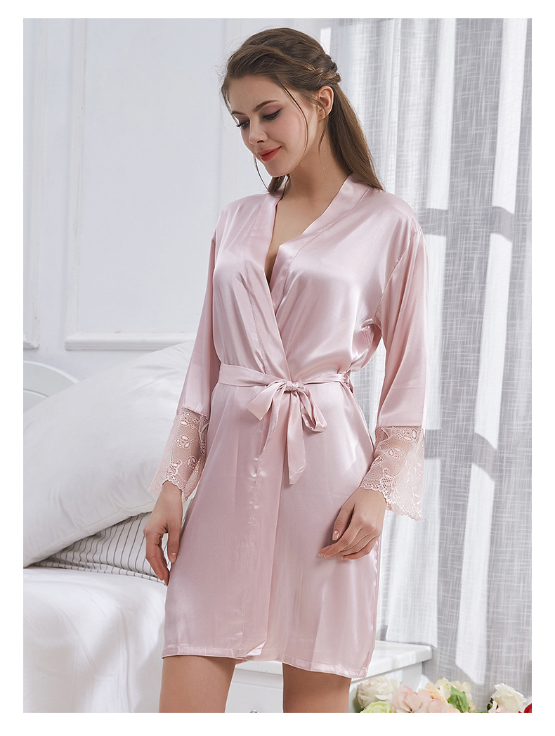 欧美大码睡衣仿真丝性感睡袍浴袍蕾丝透明系带开衫睡裙家居服批发