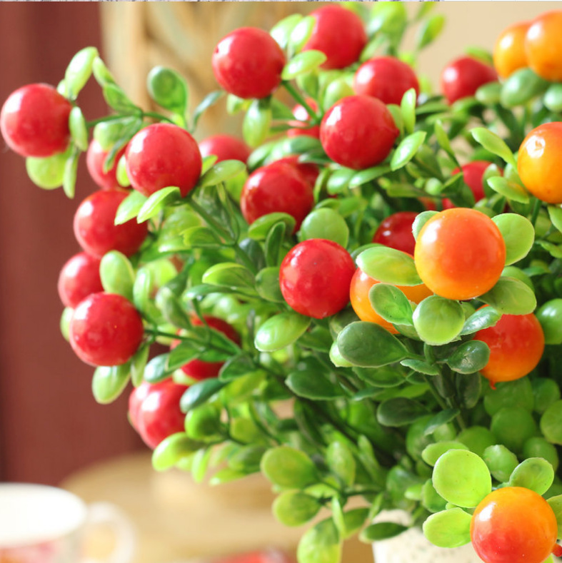 仿真5叉招财小红果花束拍摄道具尤加利果仿真植物富贵果家居装饰