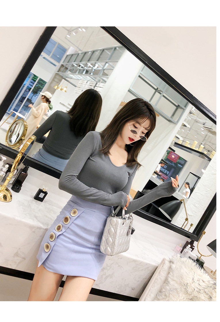 2018弹力修身显瘦棉质纯色长袖内搭秋冬打底衫女bf风v领拼多多t恤