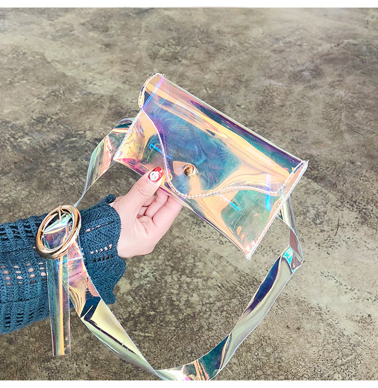 批发新款韩版七彩透明腰包炫酷点缀腰带女包镭射反光透明果冻包包