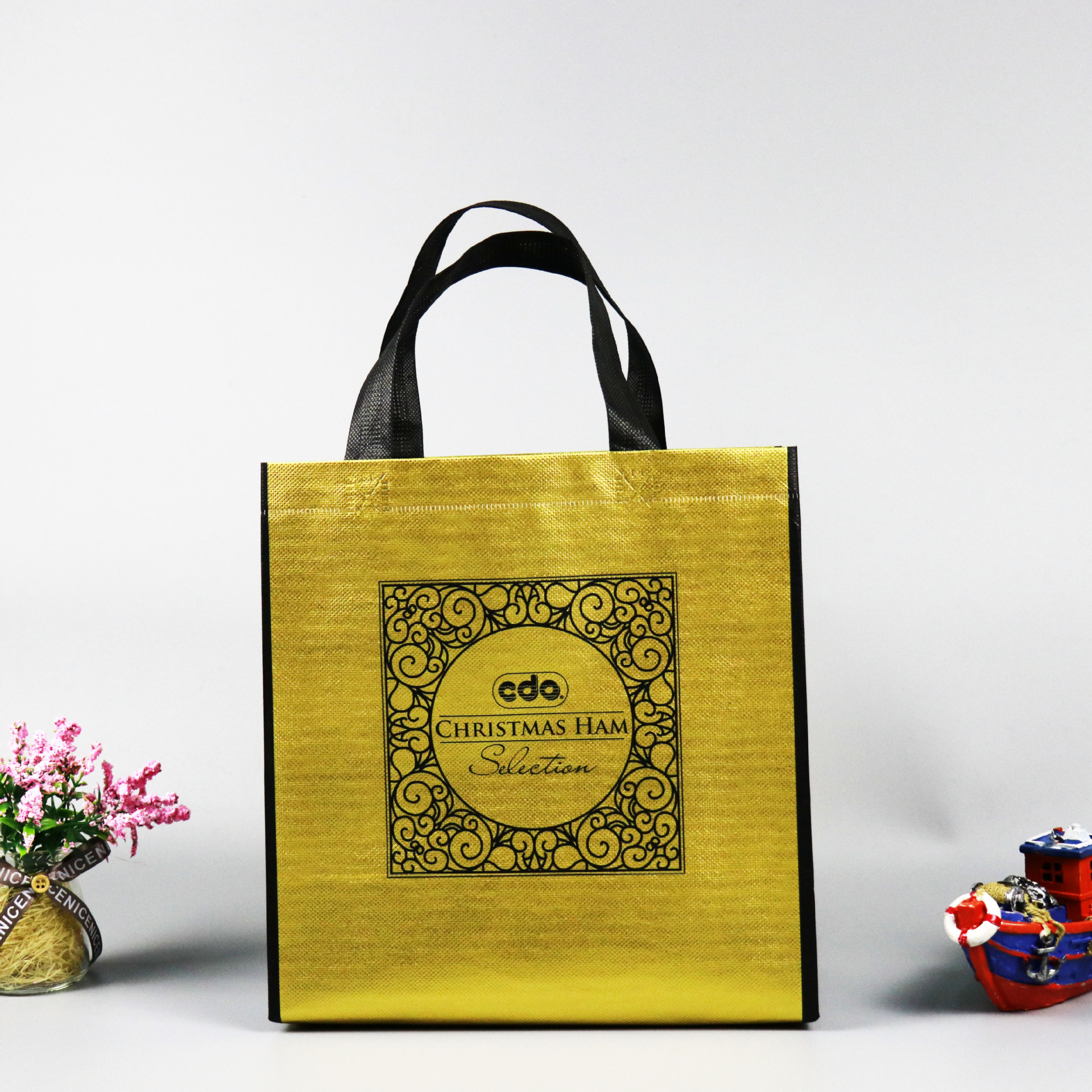 定制覆膜彩印铝箔金色广告无纺布袋手提收纳外贸英文超声波立体袋