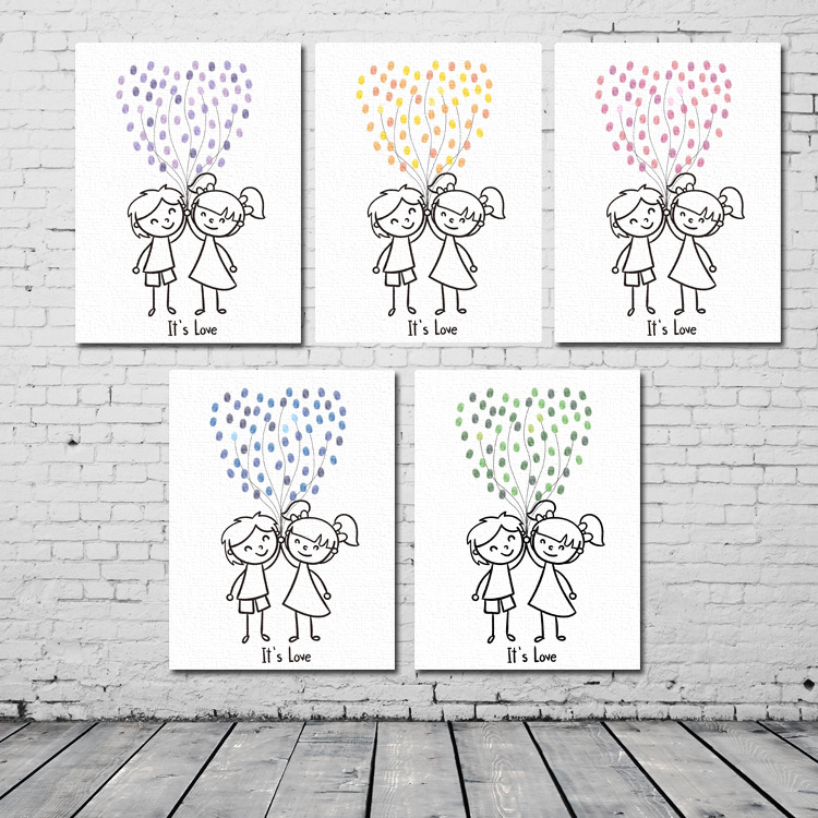 速卖通货源爱情卡通情侣气球签到指纹画 客厅沙发背景装饰手指画