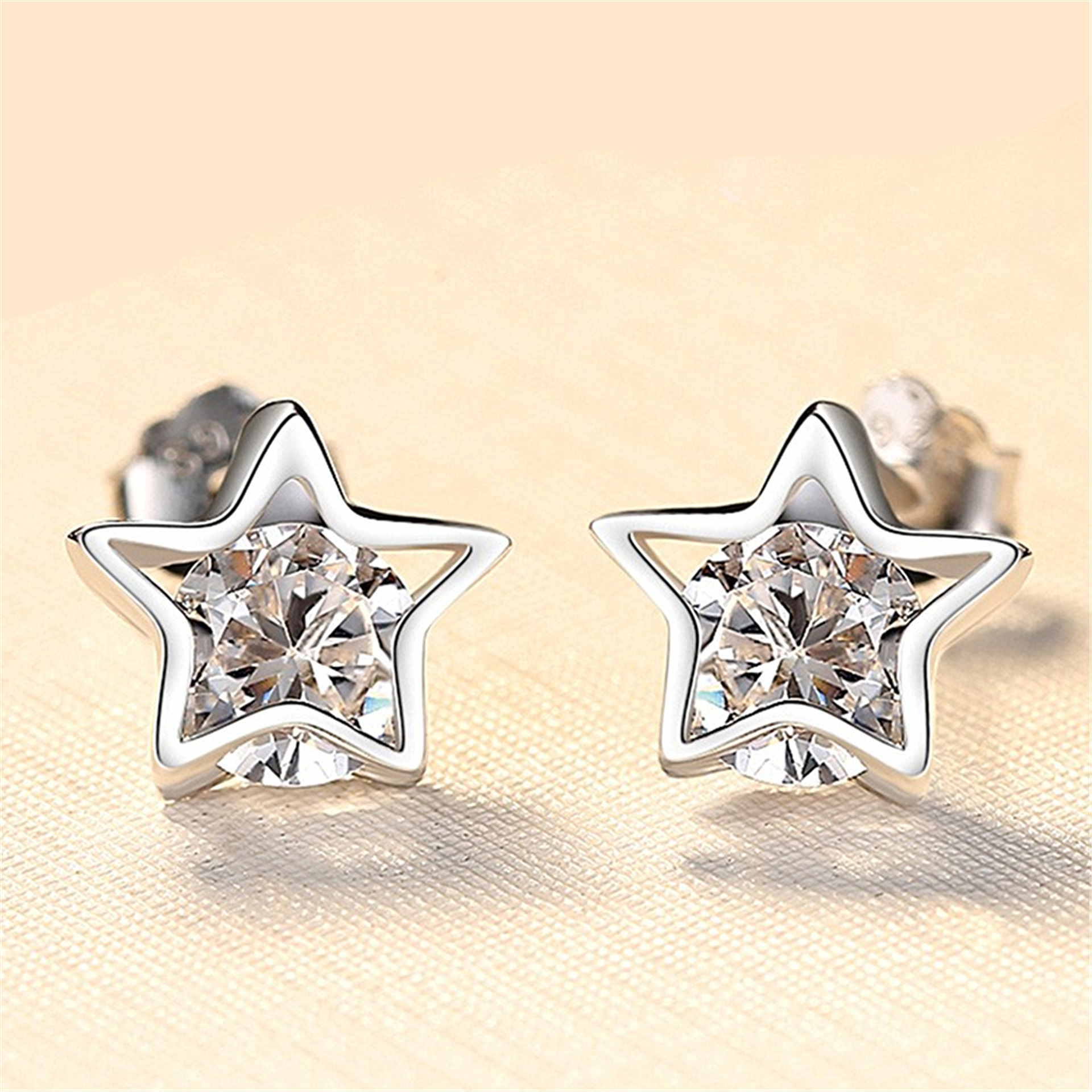 韩版星星镀银耳钉女韩气质个性五角星耳钉镶钻小清新学生银饰潮