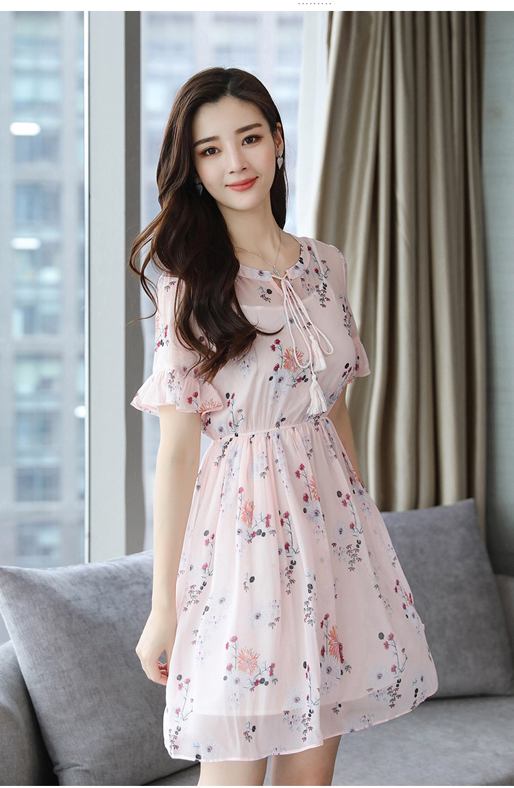 碎花雪纺裙2018夏季新款女装气质高腰修身显瘦收腰a字跨境连衣裙