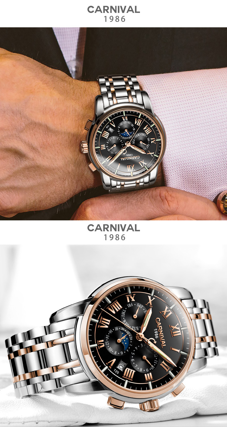carnival watch wholesale嘉年华氚气夜光机械表精钢男士手表oem