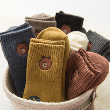 秋冬新款中筒袜子小熊刺绣加厚保暖袜 日系拉毛厚款棉袜毛圈袜