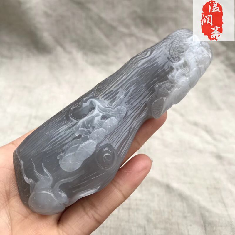 独款 天然和田玉紫罗兰色精雕枯木逢春手把件特色摆件收藏品证书